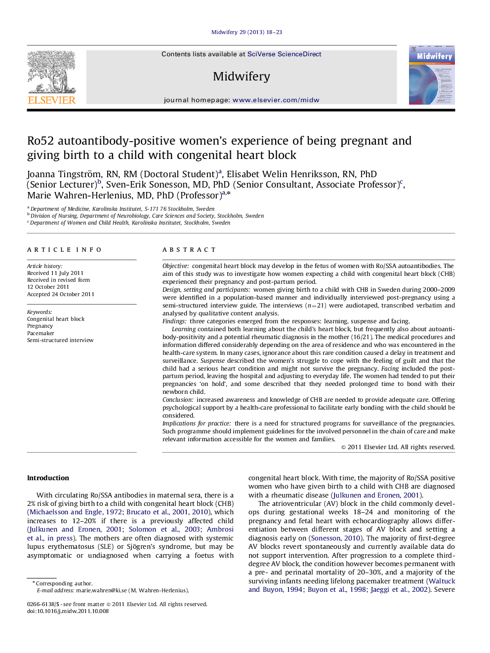 Ro52 autoantibody-positive women's experience of being pregnant and giving birth to a child with congenital heart block