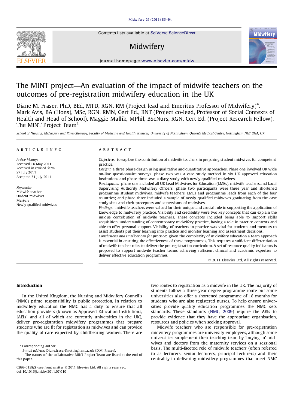 The MINT project—An evaluation of the impact of midwife teachers on the outcomes of pre-registration midwifery education in the UK