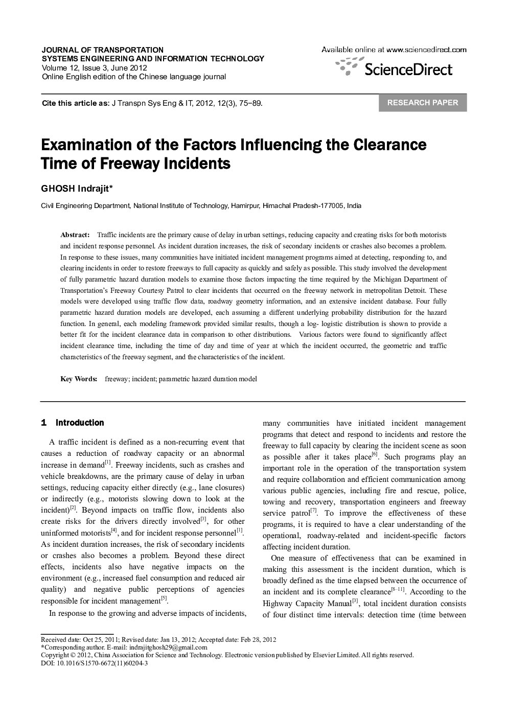 Examination of the Factors Influencing the Clearance Time of Freeway Incidents