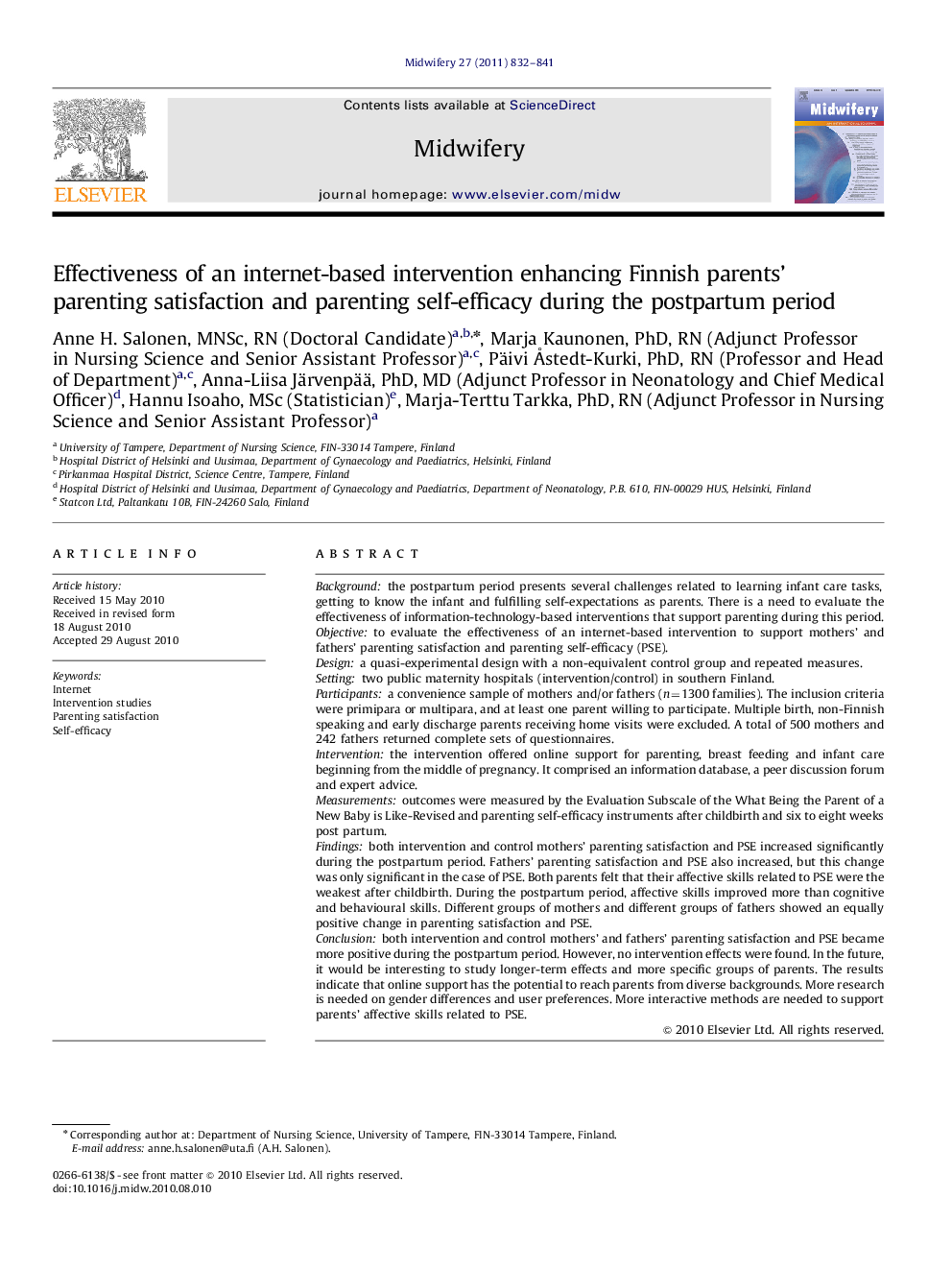 Effectiveness of an internet-based intervention enhancing Finnish parents’ parenting satisfaction and parenting self-efficacy during the postpartum period