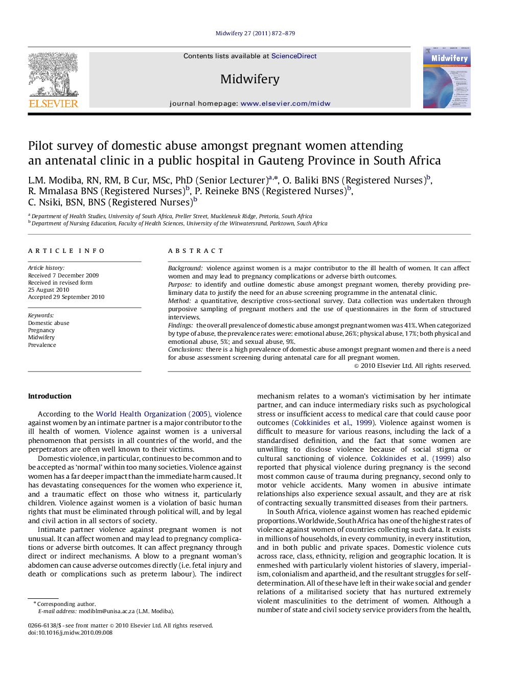 Pilot survey of domestic abuse amongst pregnant women attending an antenatal clinic in a public hospital in Gauteng Province in South Africa