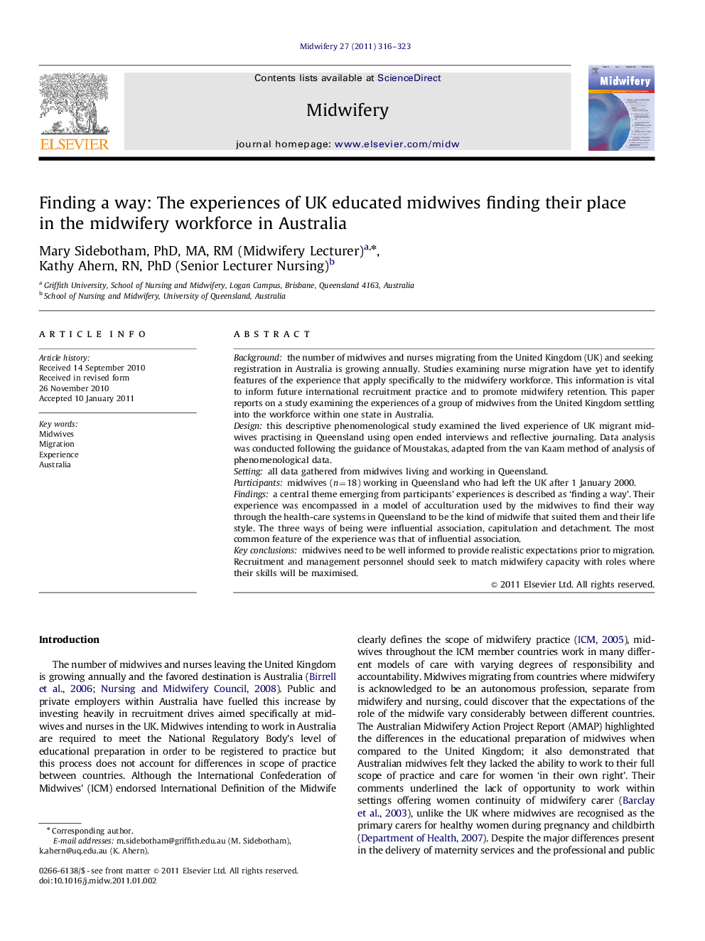 Finding a way: The experiences of UK educated midwives finding their place in the midwifery workforce in Australia