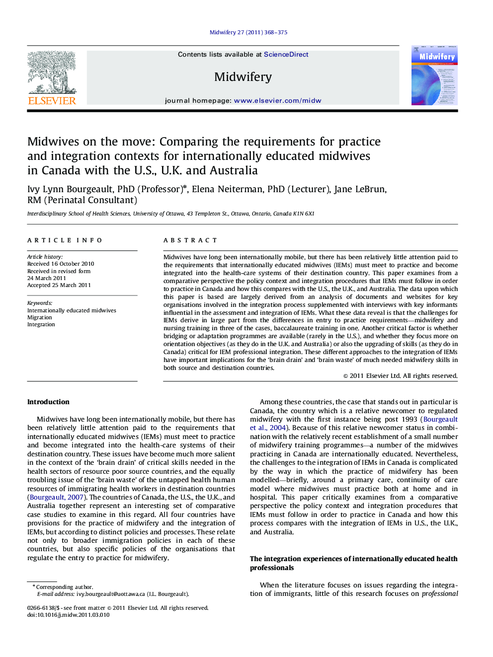 Midwives on the move: Comparing the requirements for practice and integration contexts for internationally educated midwives in Canada with the U.S., U.K. and Australia