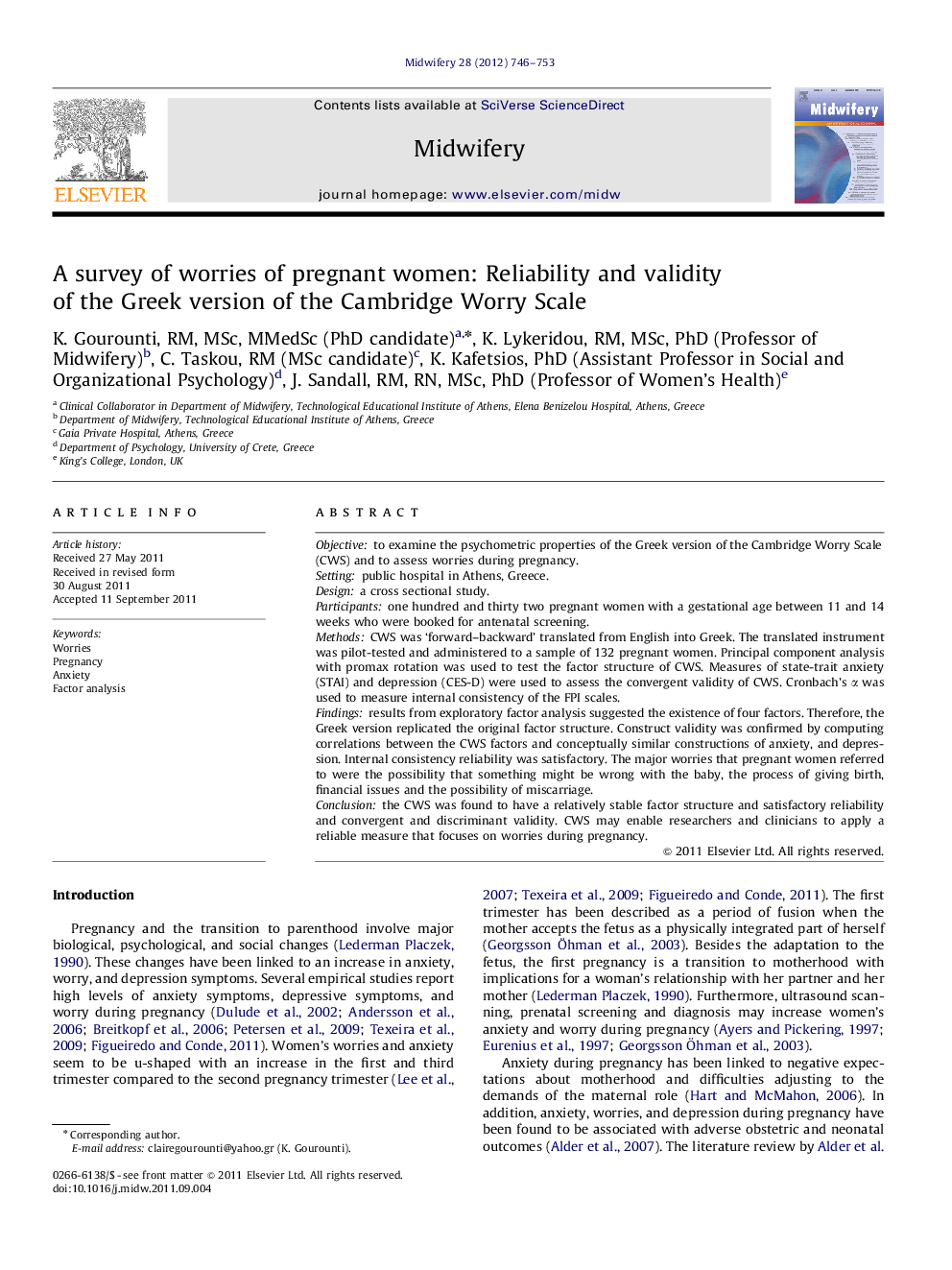 A survey of worries of pregnant women: Reliability and validity of the Greek version of the Cambridge Worry Scale