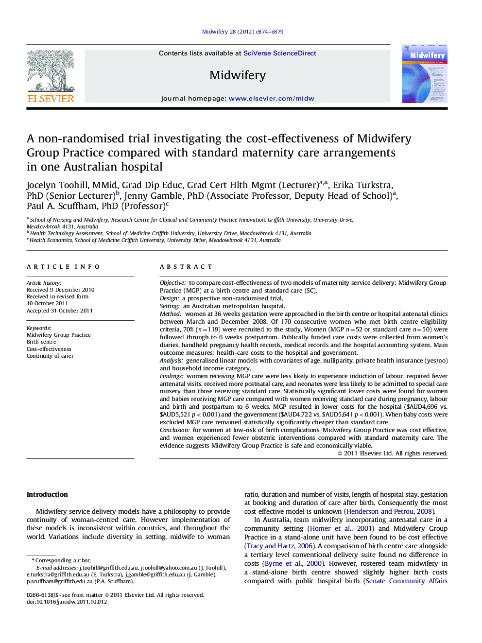 A non-randomised trial investigating the cost-effectiveness of Midwifery Group Practice compared with standard maternity care arrangements in one Australian hospital