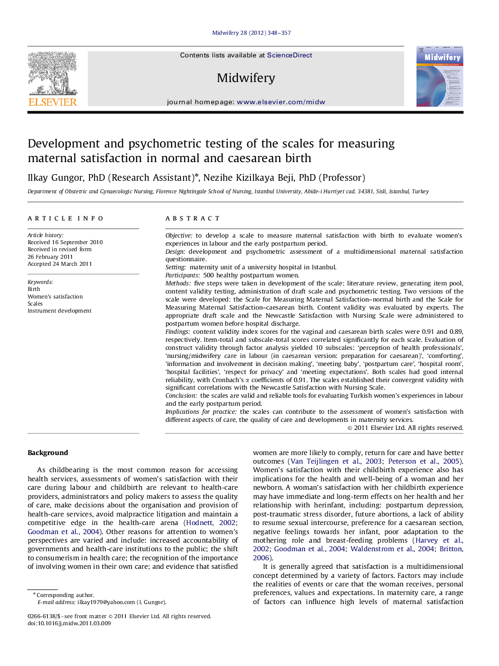 Development and psychometric testing of the scales for measuring maternal satisfaction in normal and caesarean birth