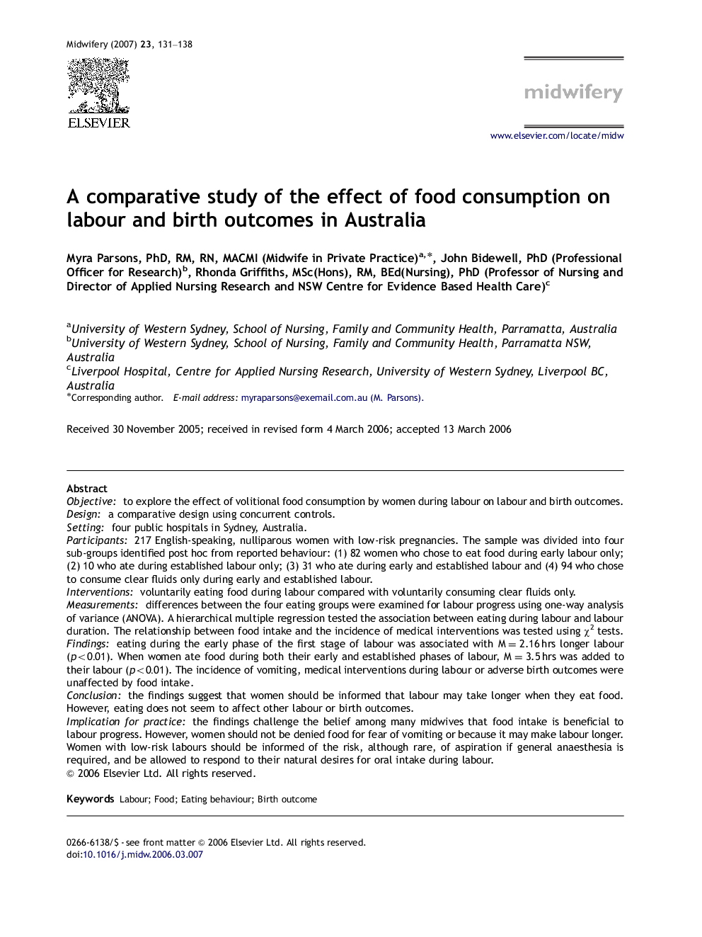 A comparative study of the effect of food consumption on labour and birth outcomes in Australia