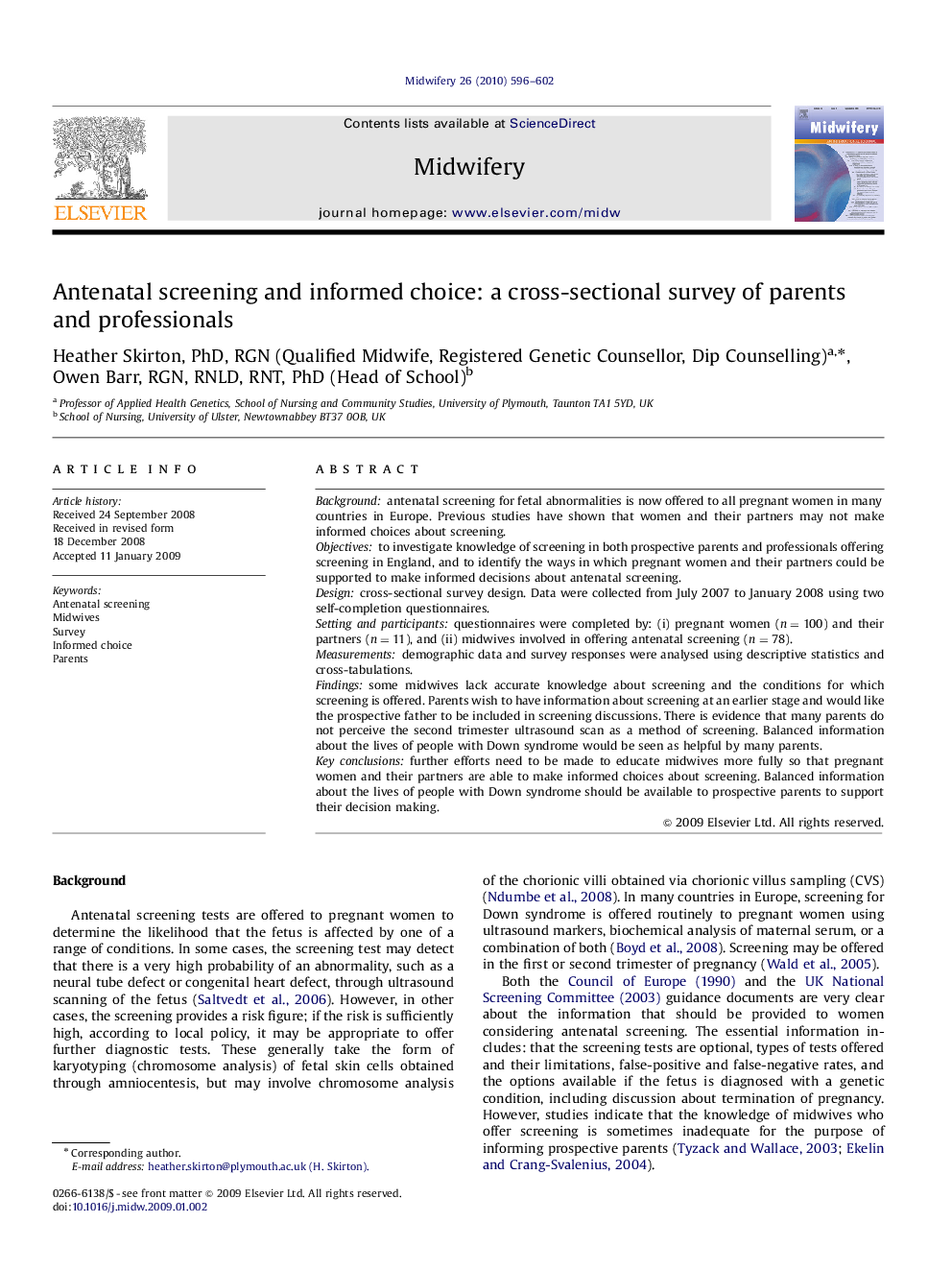 Antenatal screening and informed choice: a cross-sectional survey of parents and professionals