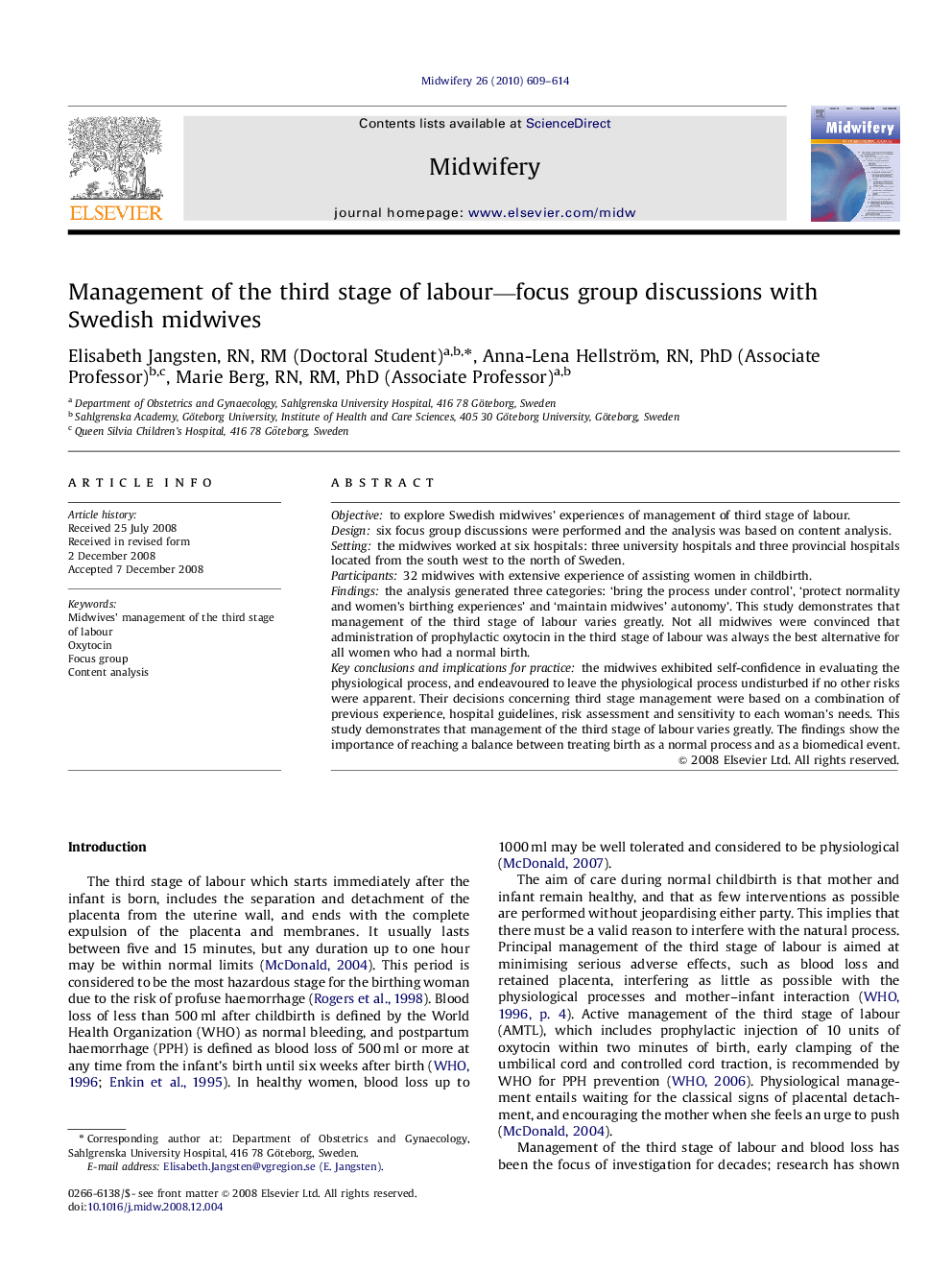 Management of the third stage of labour—focus group discussions with Swedish midwives