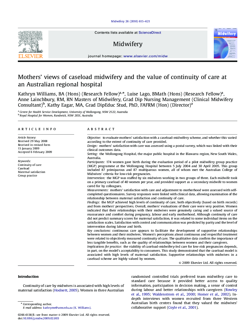 Mothers’ views of caseload midwifery and the value of continuity of care at an Australian regional hospital