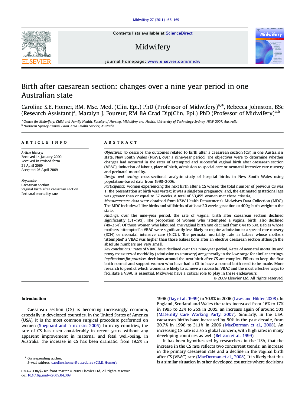 Birth after caesarean section: changes over a nine-year period in one Australian state