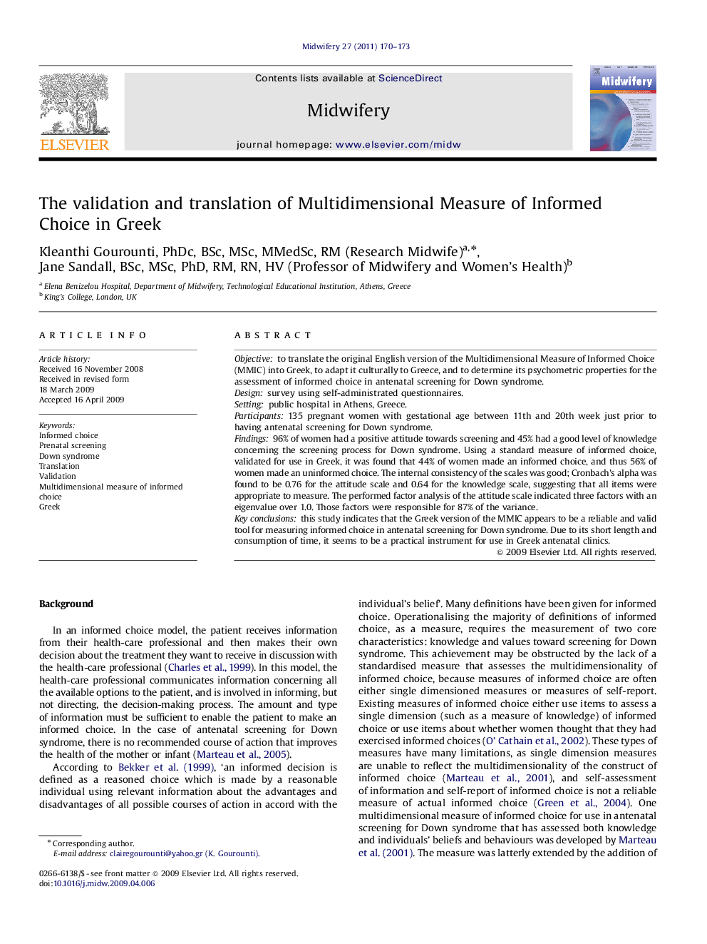 The validation and translation of Multidimensional Measure of Informed Choice in Greek