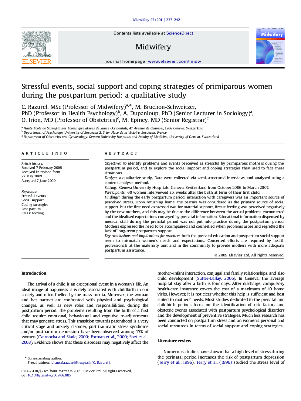 Stressful events, social support and coping strategies of primiparous women during the postpartum period: a qualitative study