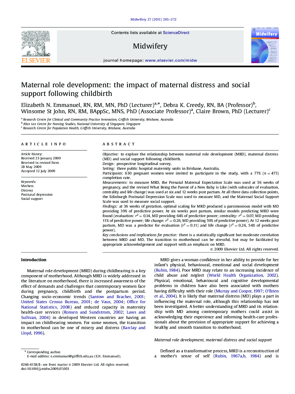 Maternal role development: the impact of maternal distress and social support following childbirth