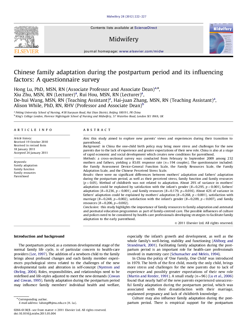 Chinese family adaptation during the postpartum period and its influencing factors: A questionnaire survey