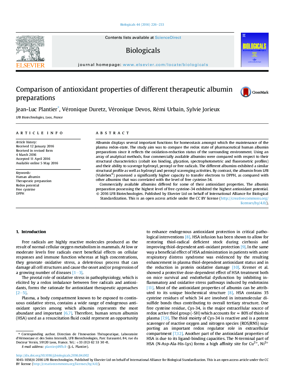 Comparison of antioxidant properties of different therapeutic albumin preparations