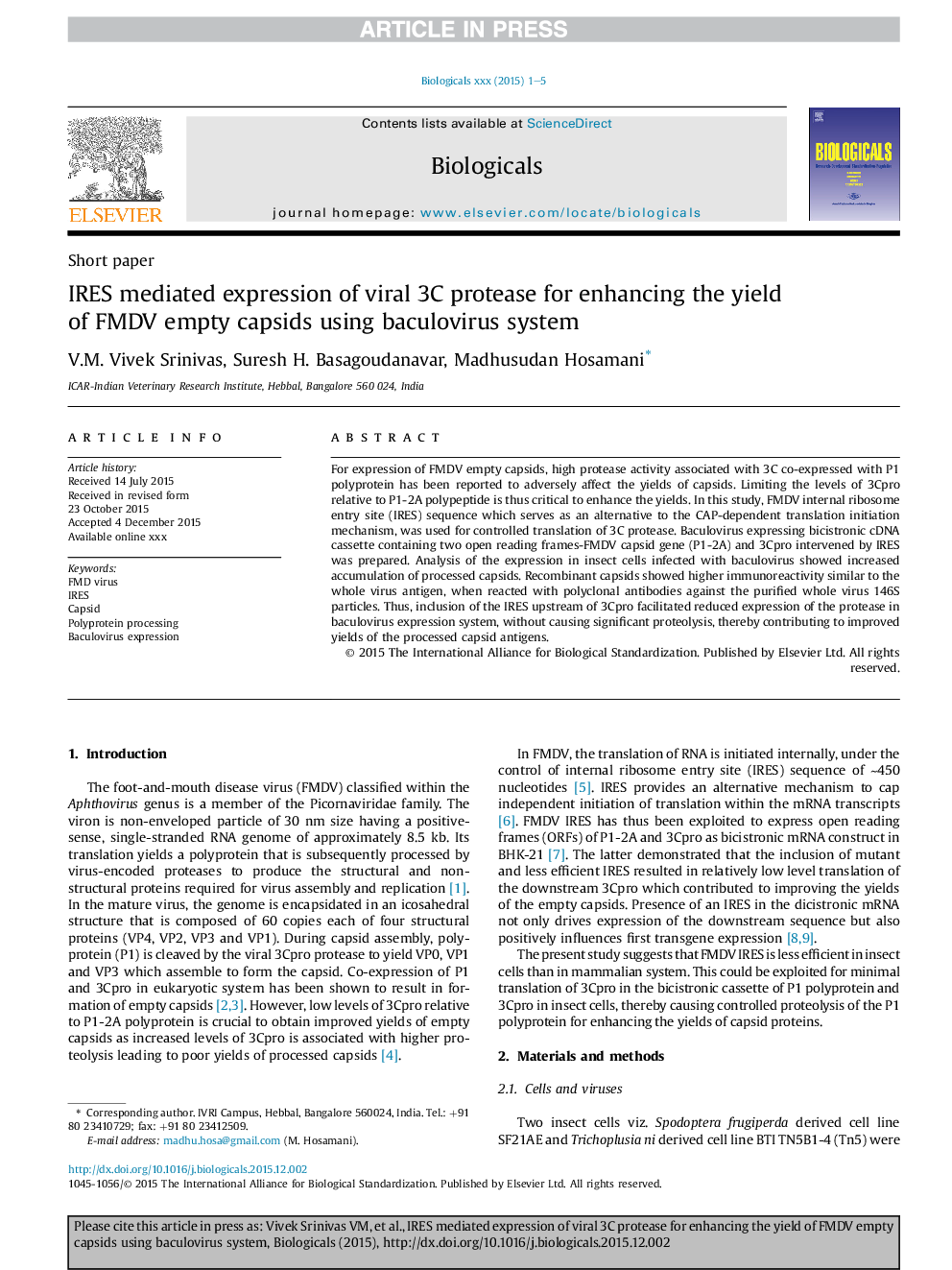 IRES mediated expression of viral 3C protease for enhancing the yield of FMDV empty capsids using baculovirus system