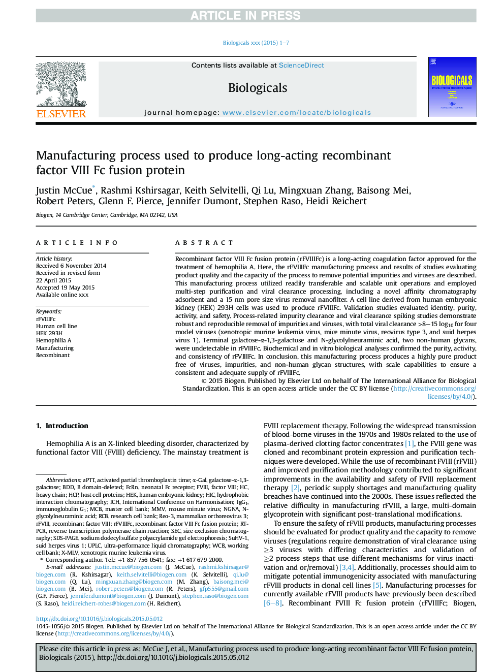 Manufacturing process used to produce long-acting recombinant factor VIII Fc fusion protein