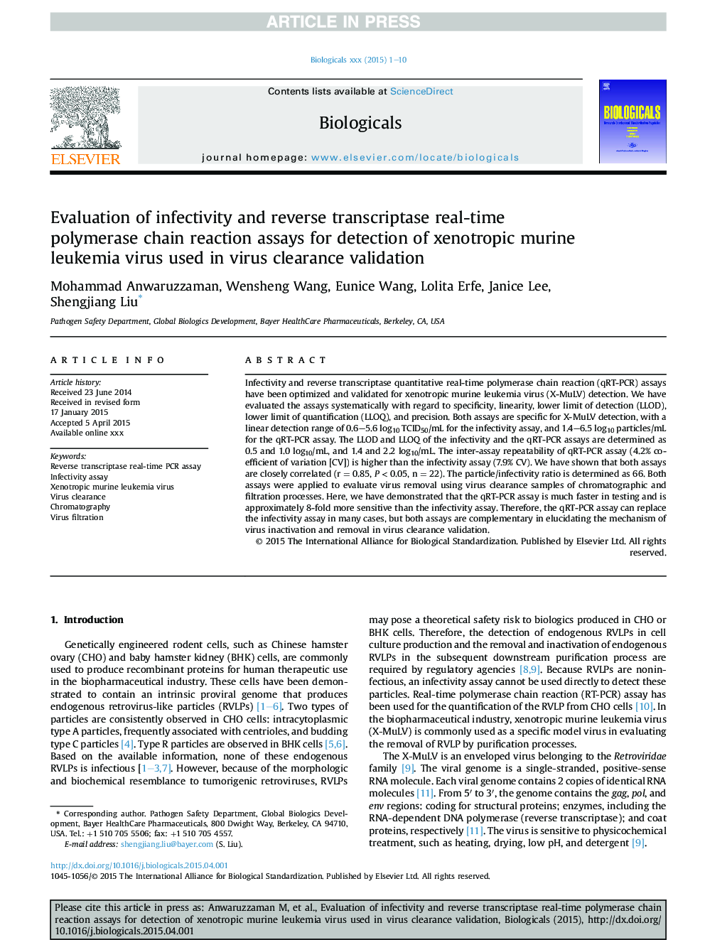 Evaluation of infectivity and reverse transcriptase real-time polymerase chain reaction assays for detection of xenotropic murine leukemia virus used in virus clearance validation