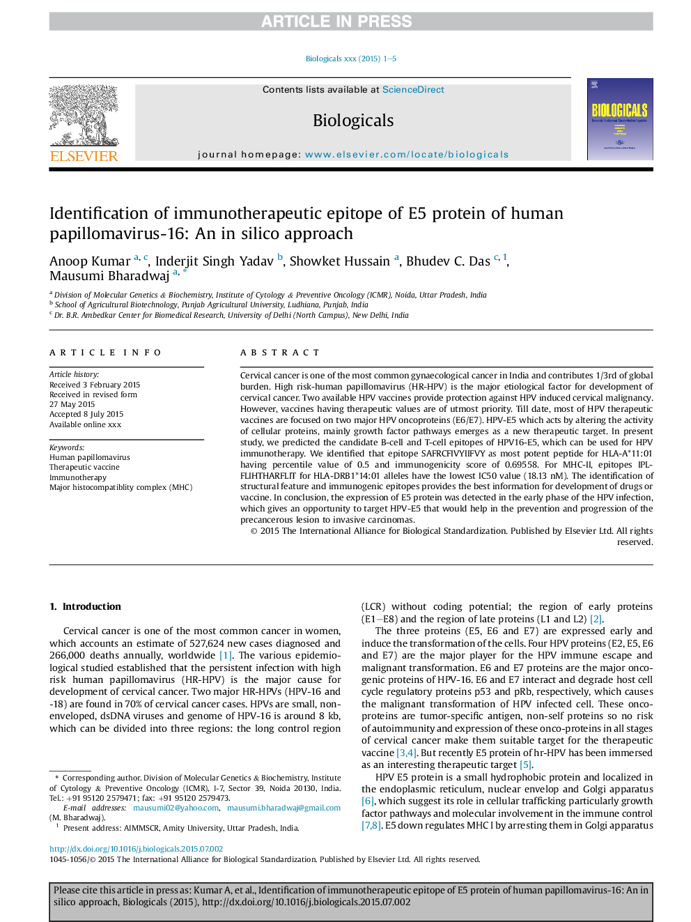 Identification of immunotherapeutic epitope of E5 protein of human papillomavirus-16: An in silico approach