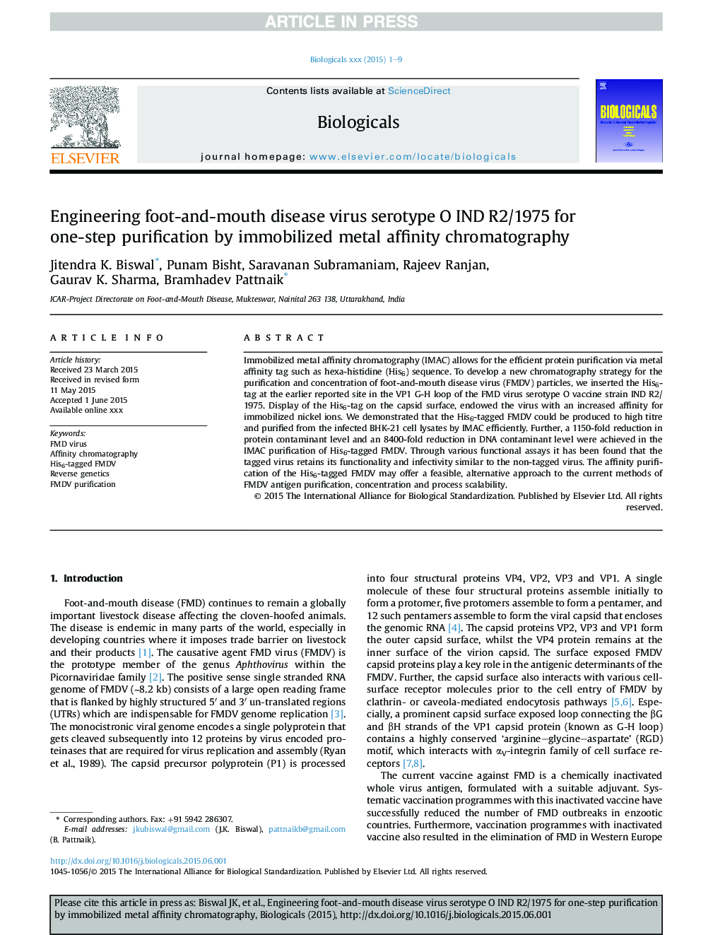 Engineering foot-and-mouth disease virus serotype O IND R2/1975 for one-step purification by immobilized metal affinity chromatography