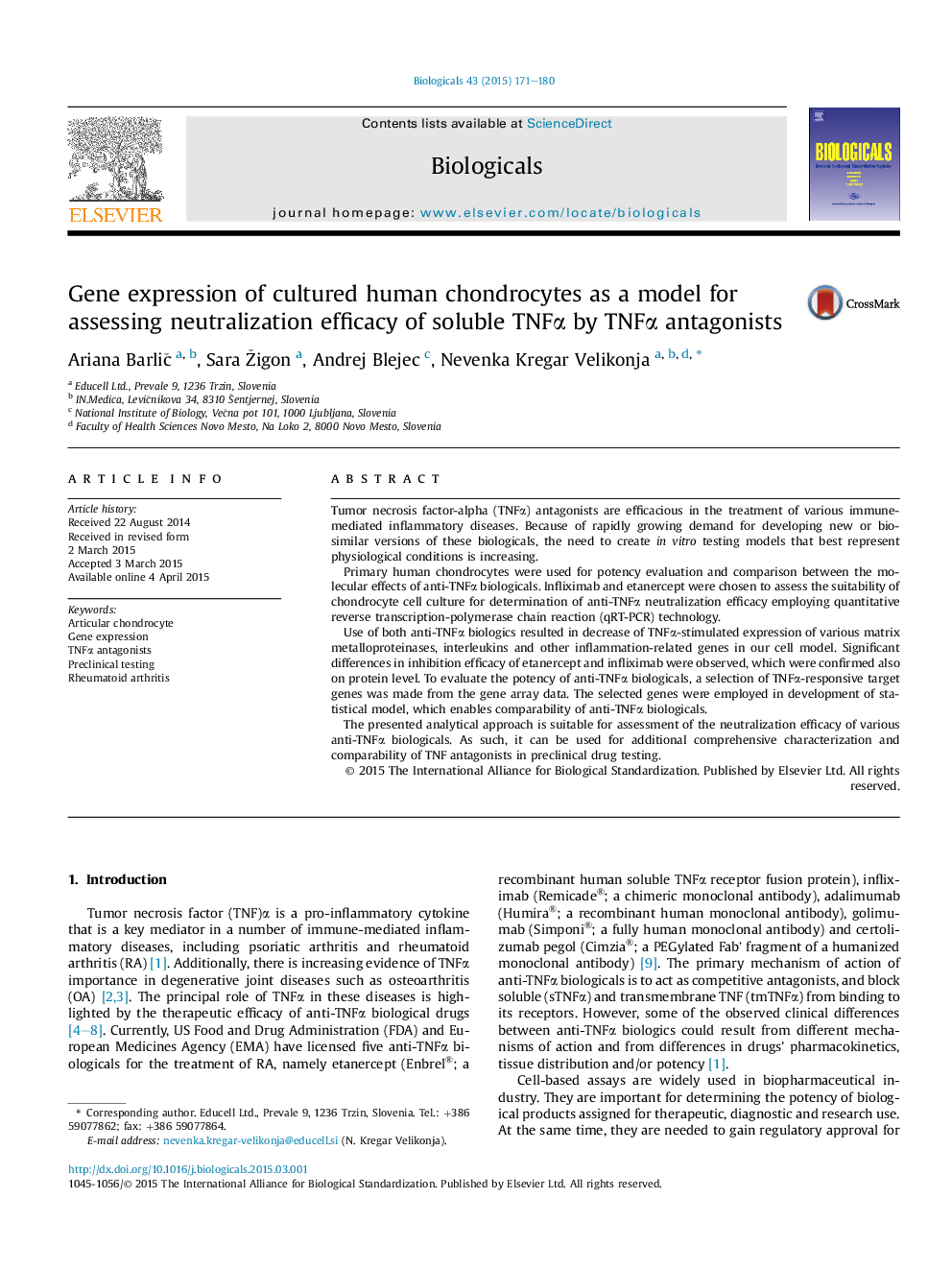 Gene expression of cultured human chondrocytes as a model for assessing neutralization efficacy of soluble TNFÎ± by TNFÎ± antagonists