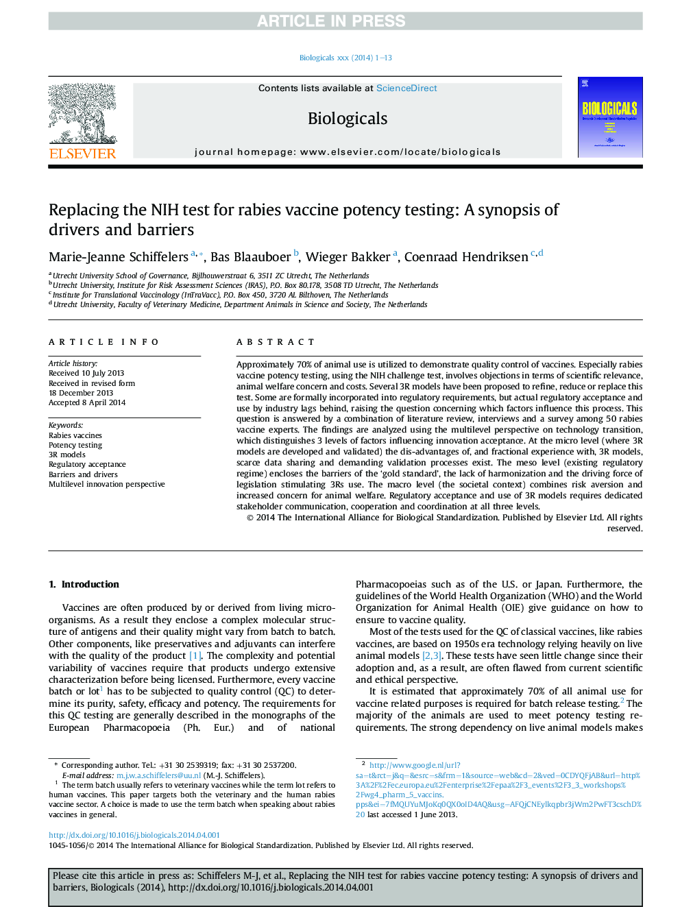 Replacing the NIH test for rabies vaccine potency testing: A synopsis of drivers and barriers