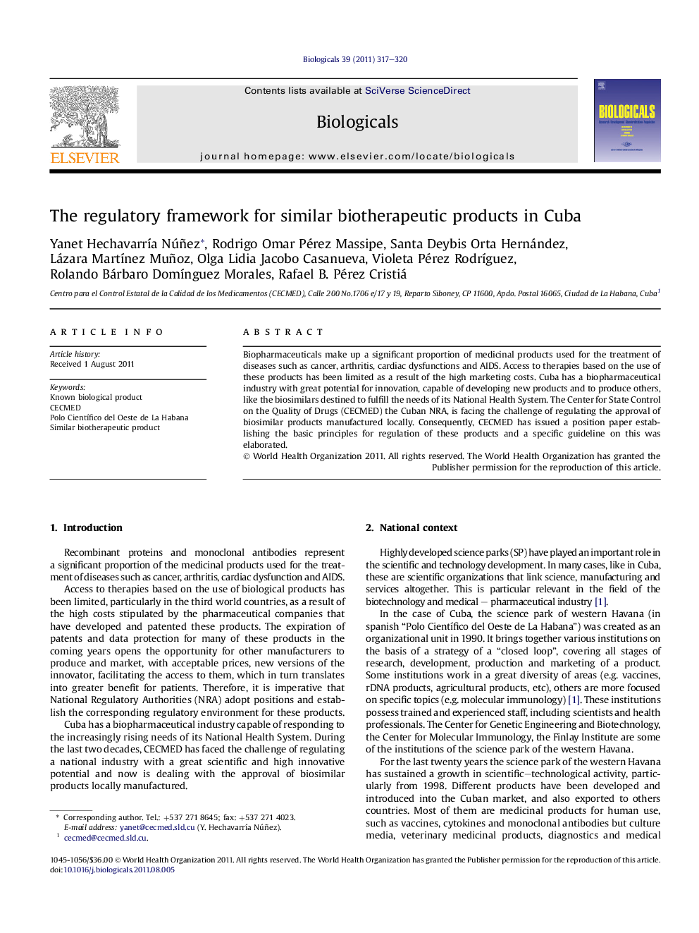 The regulatory framework for similar biotherapeutic products in Cuba