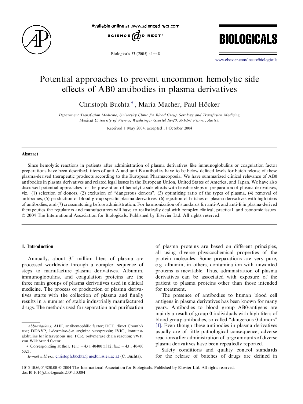 Potential approaches to prevent uncommon hemolytic side effects of AB0 antibodies in plasma derivatives