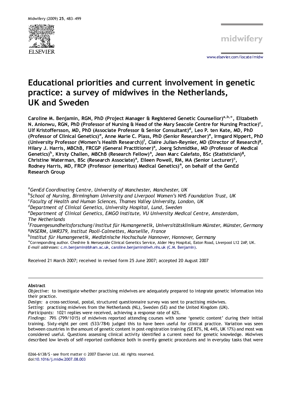 Educational priorities and current involvement in genetic practice: a survey of midwives in the Netherlands, UK and Sweden