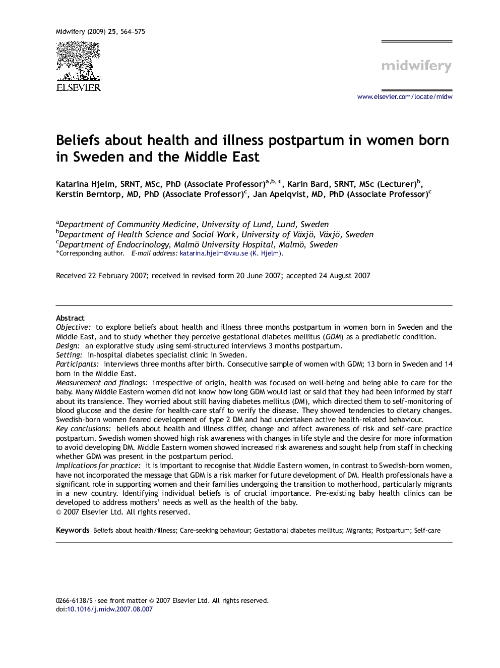 Beliefs about health and illness postpartum in women born in Sweden and the Middle East