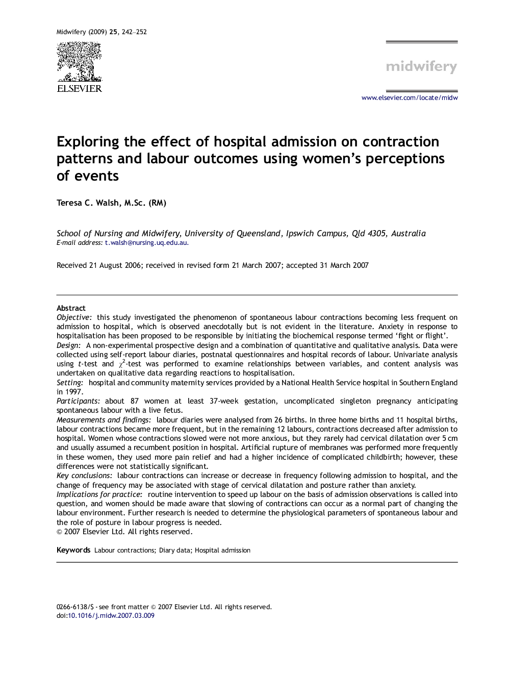 Exploring the effect of hospital admission on contraction patterns and labour outcomes using women's perceptions of events