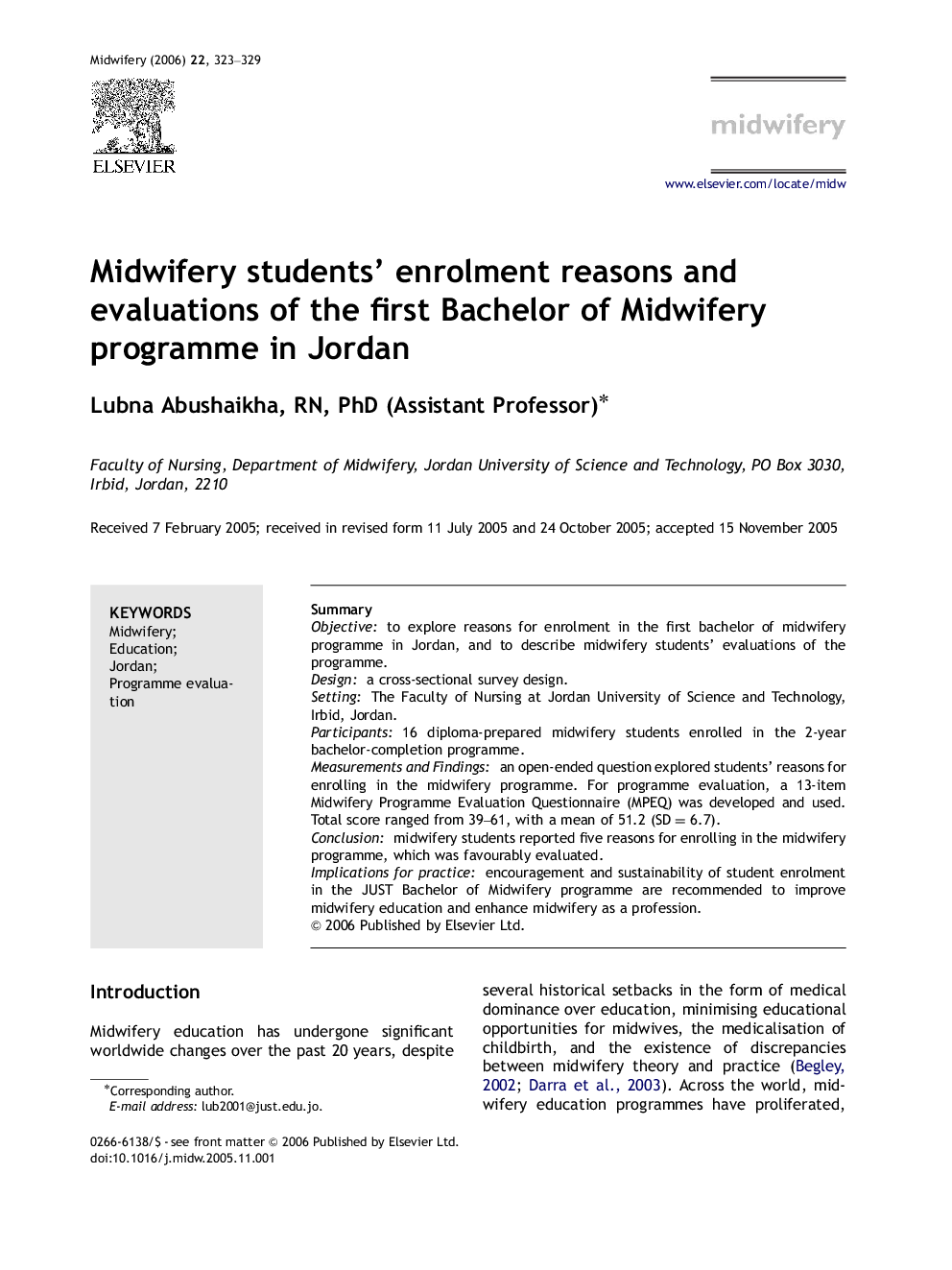 Midwifery students' enrolment reasons and evaluations of the first Bachelor of Midwifery programme in Jordan