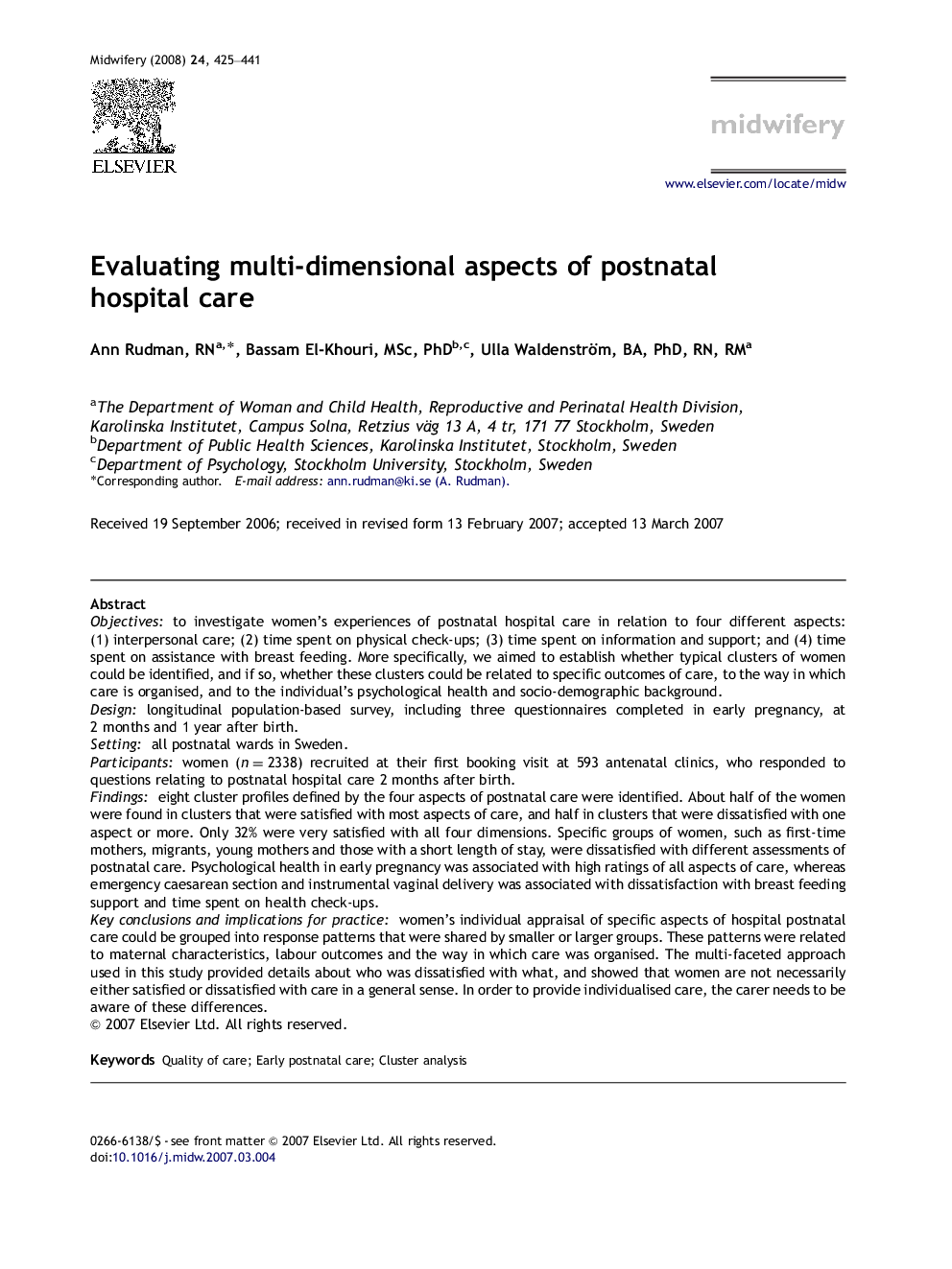 Evaluating multi-dimensional aspects of postnatal hospital care