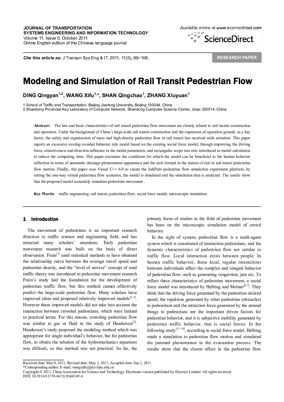 Modeling and Simulation of Rail Transit Pedestrian Flow