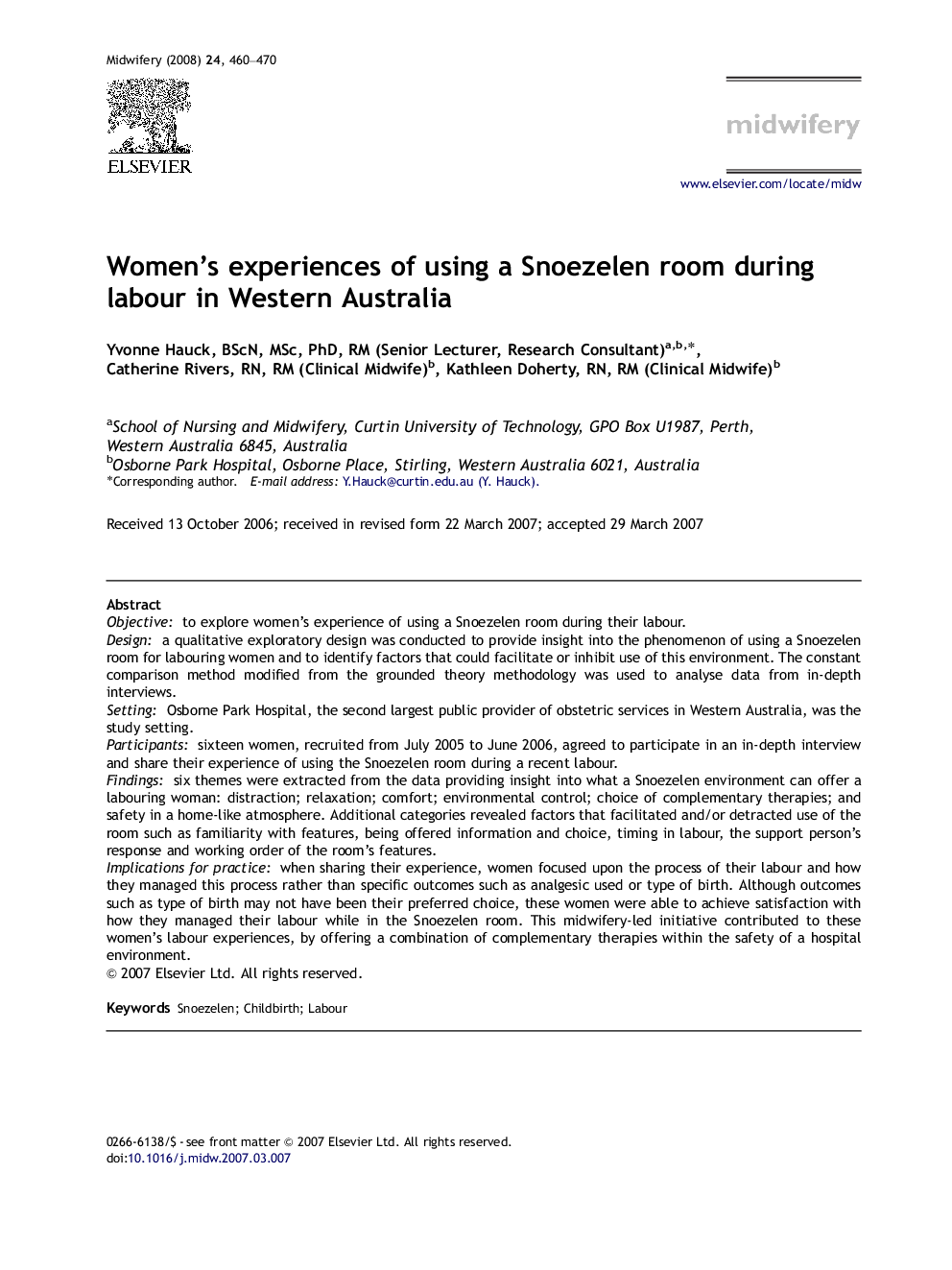 Women's experiences of using a Snoezelen room during labour in Western Australia