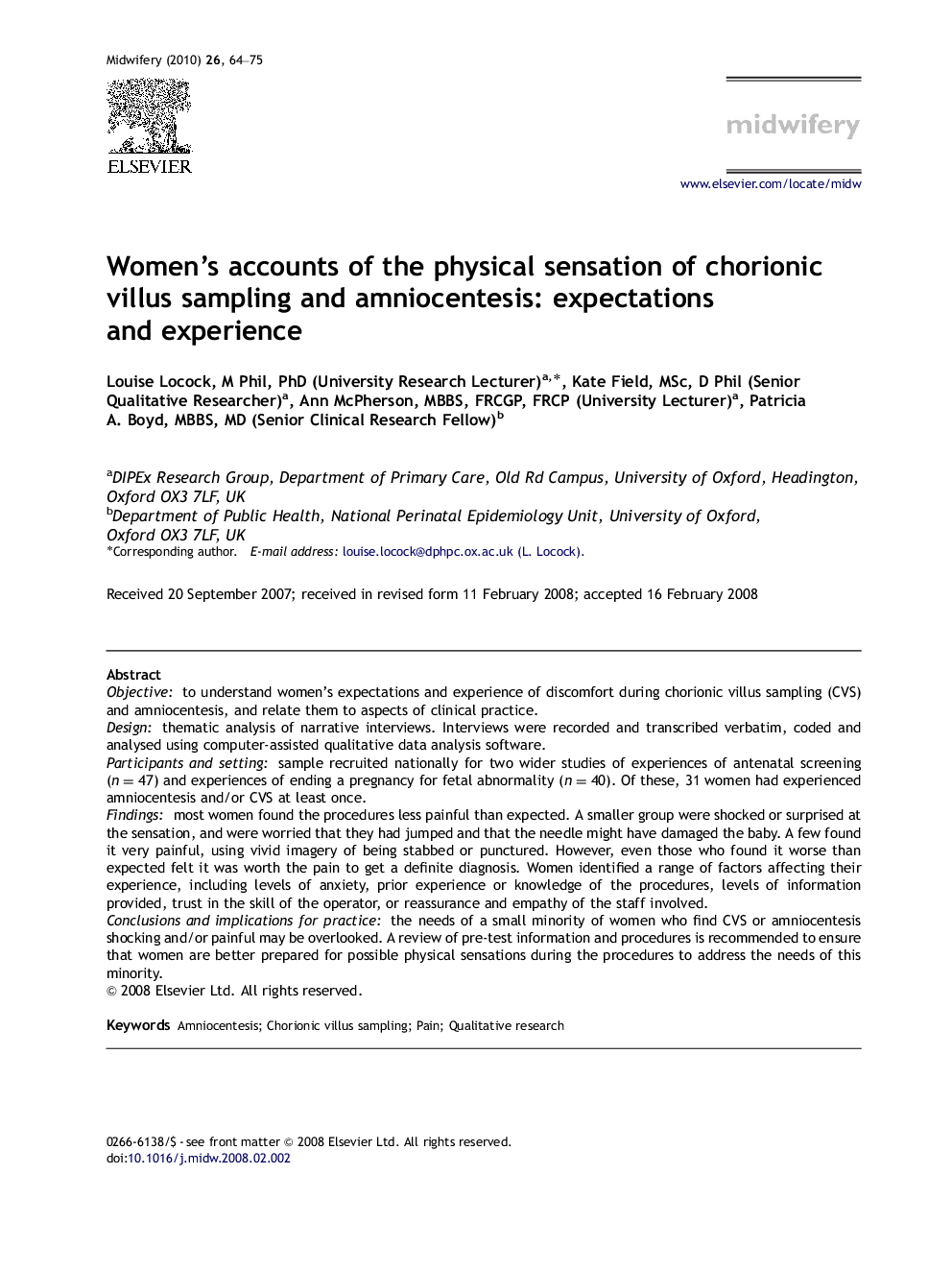 Women's accounts of the physical sensation of chorionic villus sampling and amniocentesis: expectations and experience