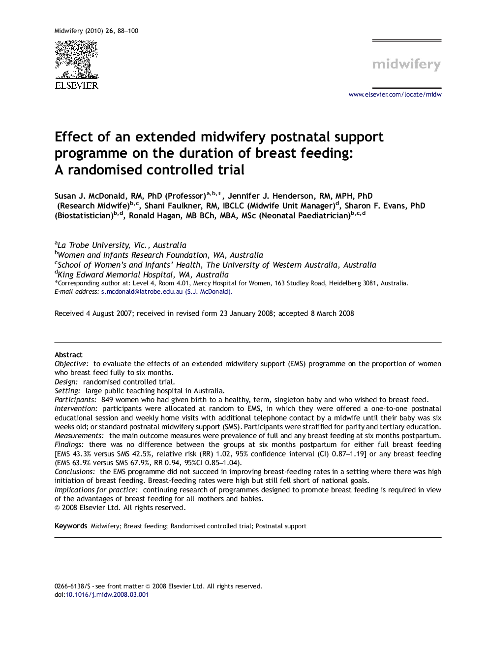 Effect of an extended midwifery postnatal support programme on the duration of breast feeding: A randomised controlled trial