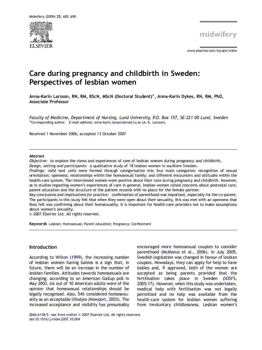 Care during pregnancy and childbirth in Sweden: Perspectives of lesbian women