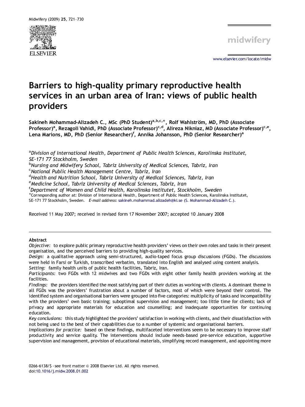Barriers to high-quality primary reproductive health services in an urban area of Iran: views of public health providers
