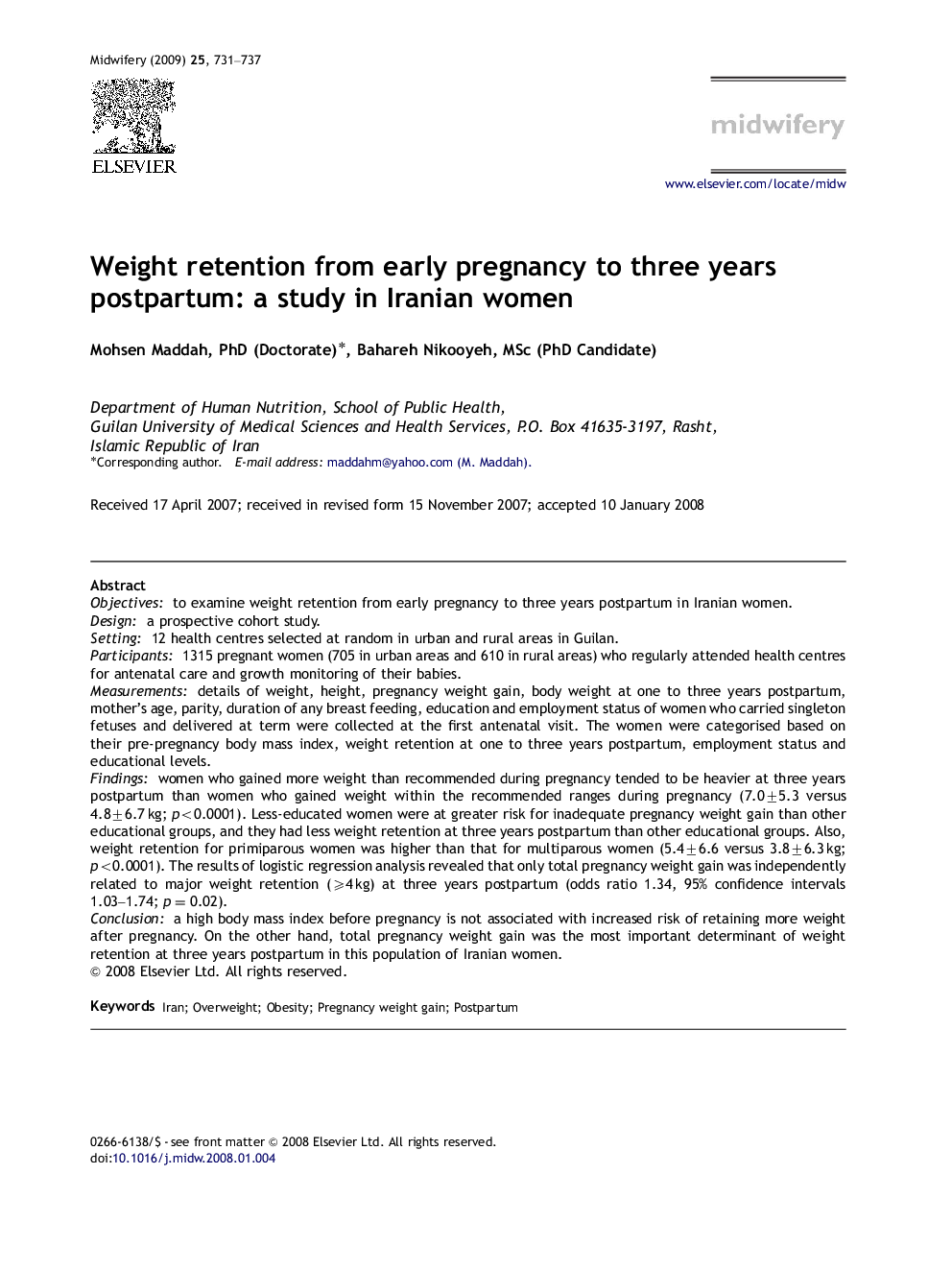Weight retention from early pregnancy to three years postpartum: a study in Iranian women