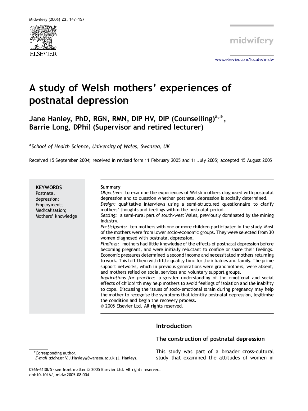 A study of Welsh mothers’ experiences of postnatal depression