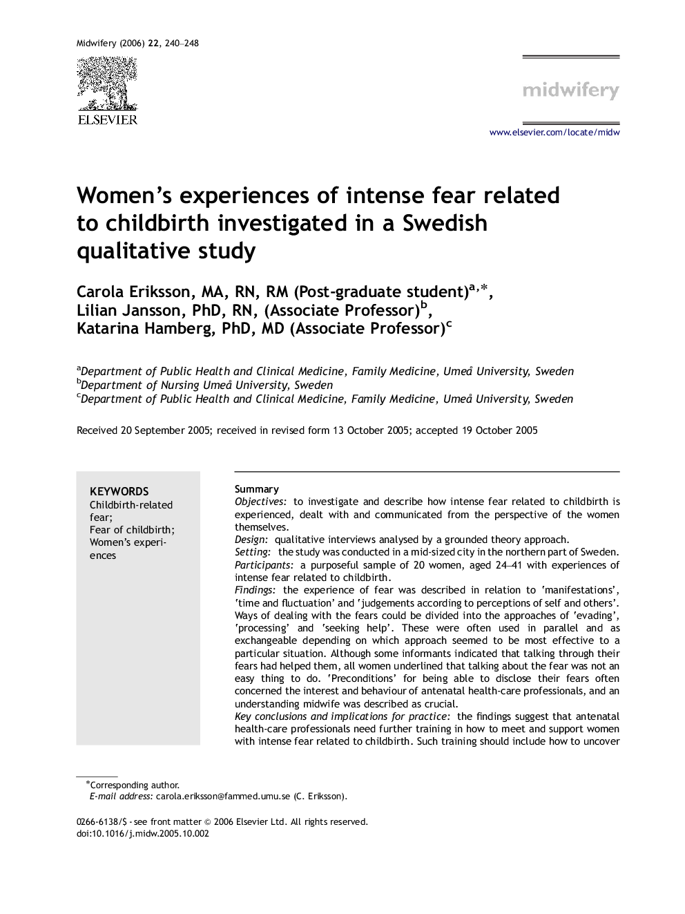 Women's experiences of intense fear related to childbirth investigated in a Swedish qualitative study