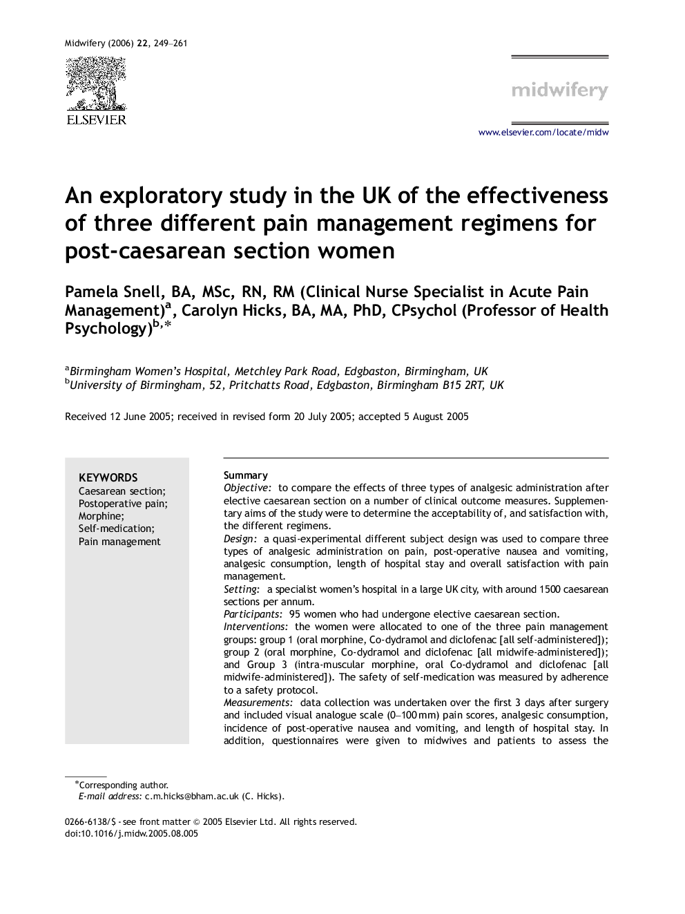An exploratory study in the UK of the effectiveness of three different pain management regimens for post-caesarean section women
