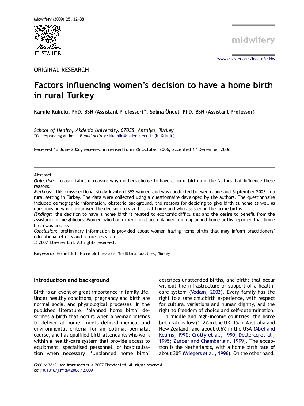 Factors influencing women's decision to have a home birth in rural Turkey