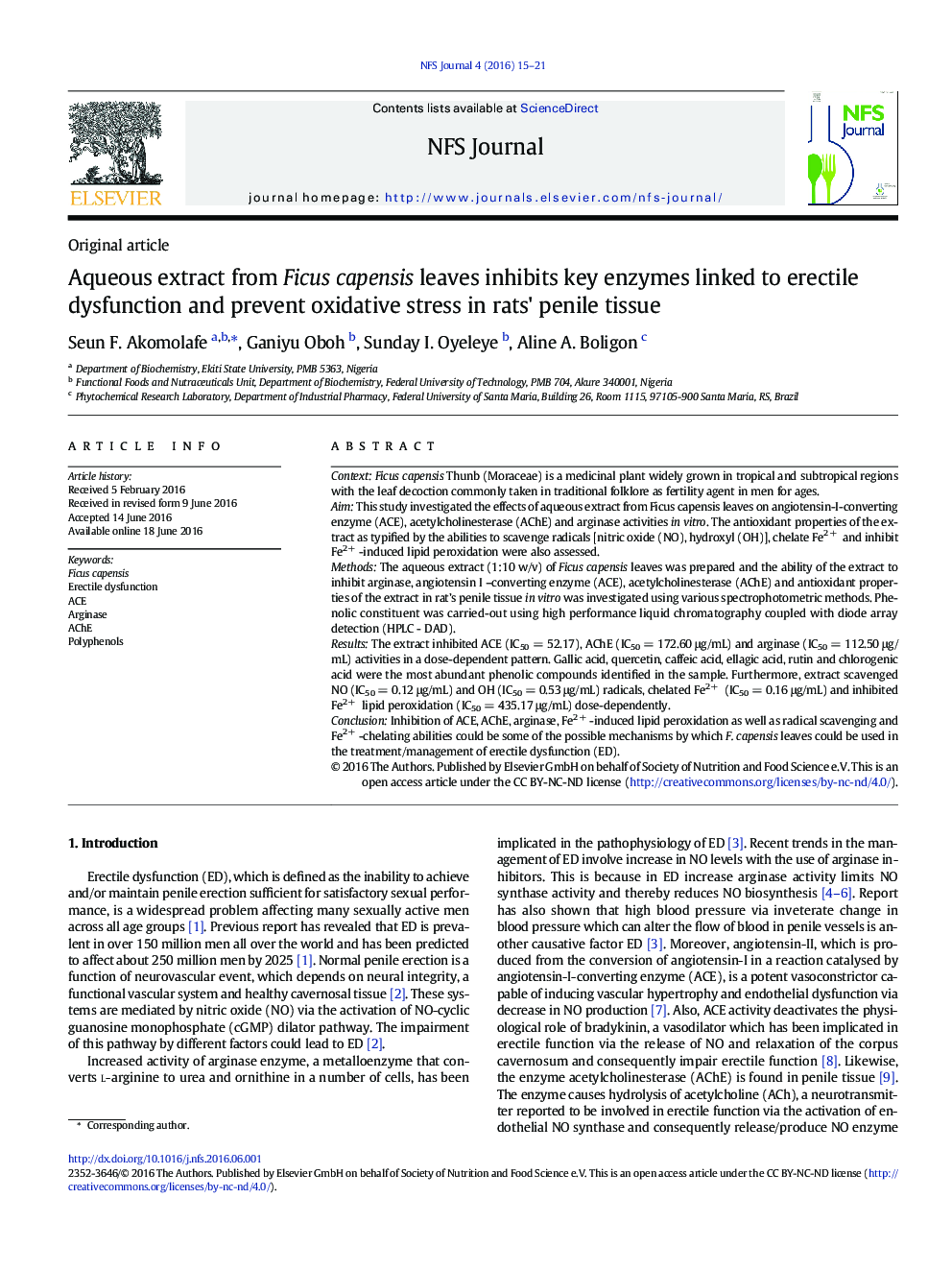 Aqueous extract from Ficus capensis leaves inhibits key enzymes linked to erectile dysfunction and prevent oxidative stress in rats' penile tissue