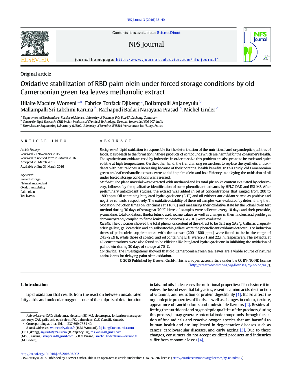 تثبیت اکسیداتیو اولئین پالم RBD تحت شرایط ذخیره سازی اجباری توسط عصاره متانولی برگ های چای سبز کامرون 