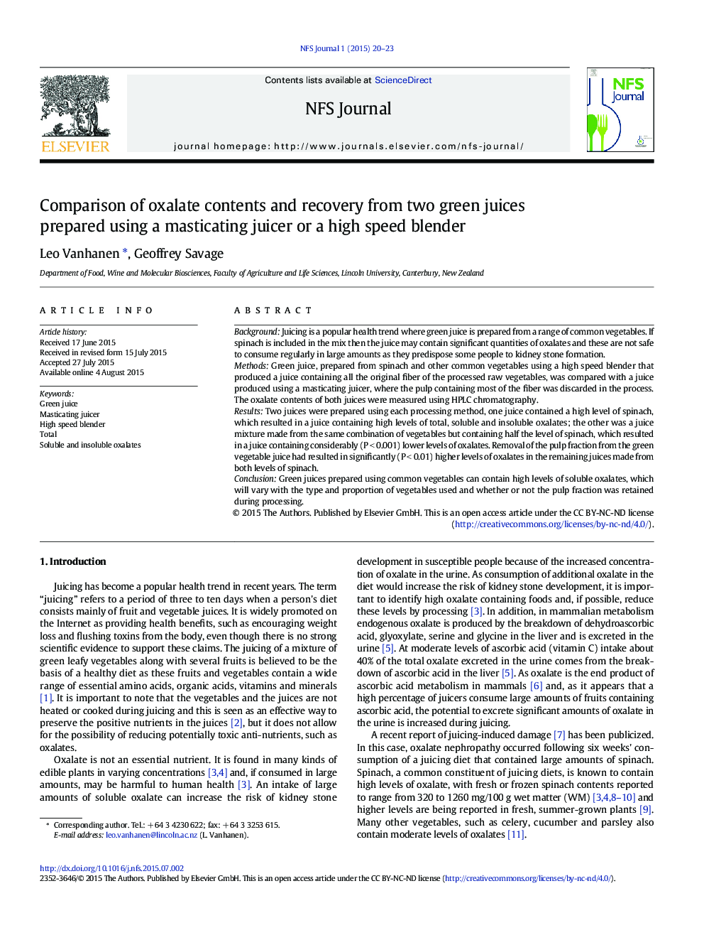 Comparison of oxalate contents and recovery from two green juices prepared using a masticating juicer or a high speed blender