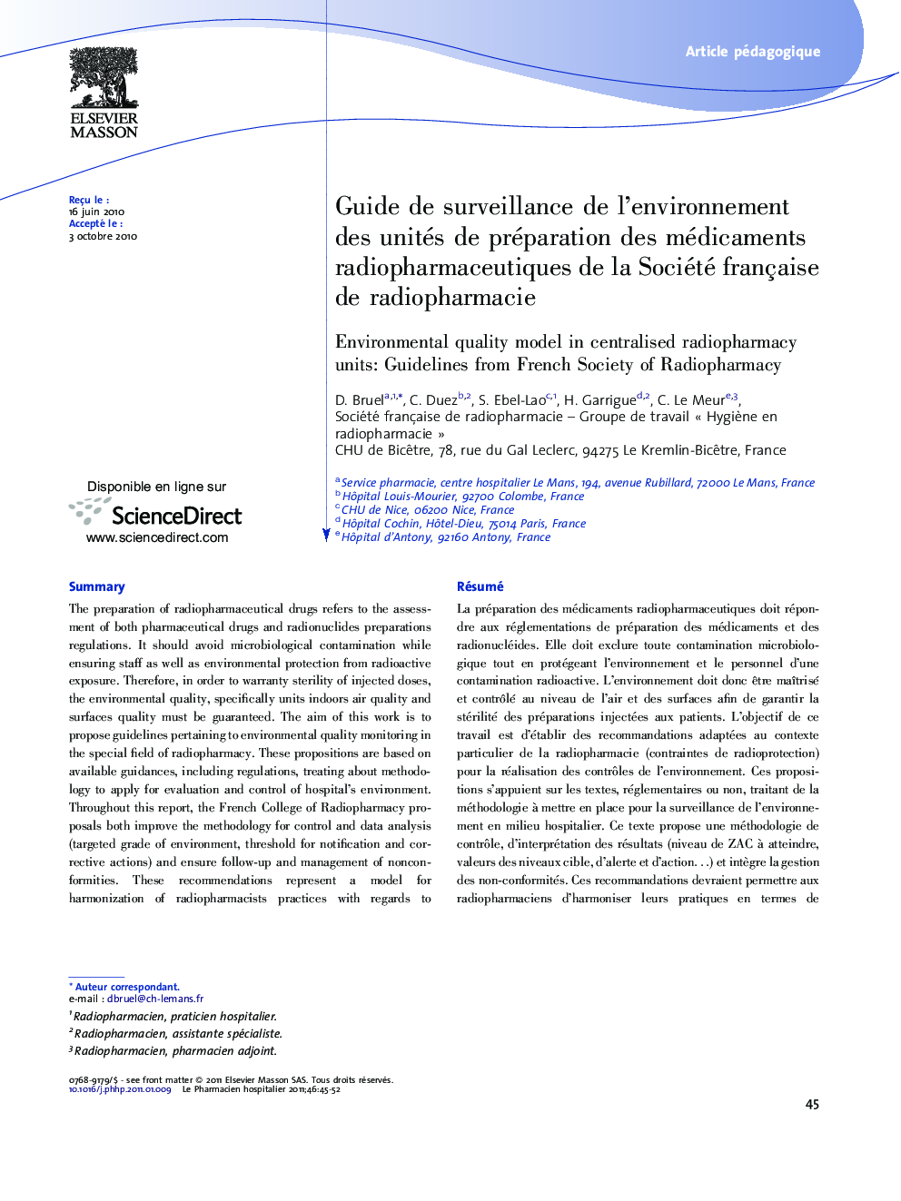 Guide de surveillance de l'environnement des unités de préparation des médicaments radiopharmaceutiques de la Société française de radiopharmacie