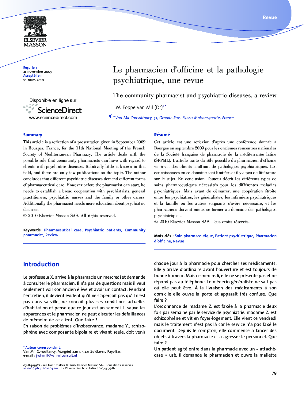 Le pharmacien d'officine et la pathologie psychiatrique, une revue